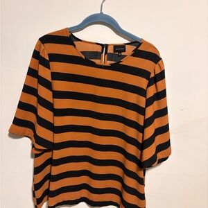 Striped Short-Sleeve Blouse in Camel and Black